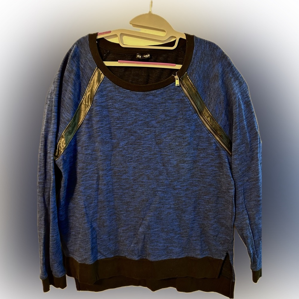 Express Blue Space Dye Sweatshirt, Vegan Leather & Zipper Accent - Size Lg